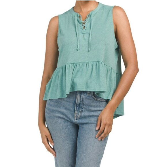 NWT Lucky Brand Women's Linen Sleeveless Tie Neck Hi Low Ruffle Hem Top - Picture 4 of 10